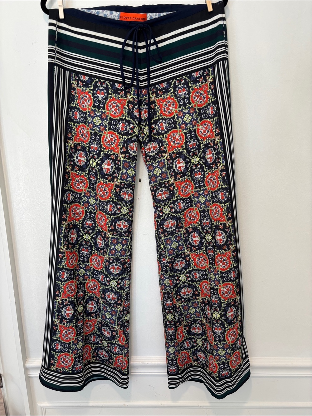 Clover Canyon Navy Floral Wide-Leg Pants with Red and Green Accents XS
